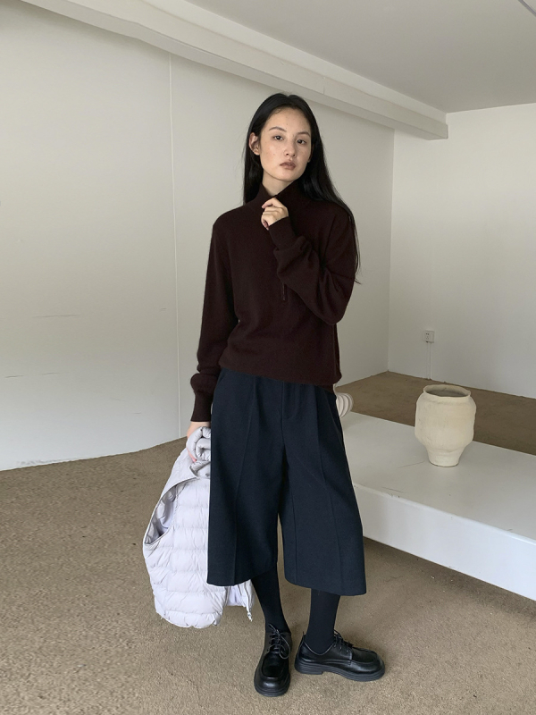 Ženski pleteni džemper u korejskom stilu s polu-visokim ovratnikom, slim fit, dugi rukavi, mješavina materijala