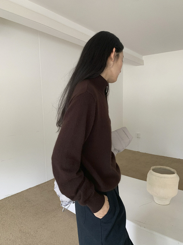 Ženski pleteni džemper u korejskom stilu s polu-visokim ovratnikom, slim fit, dugi rukavi, mješavina materijala