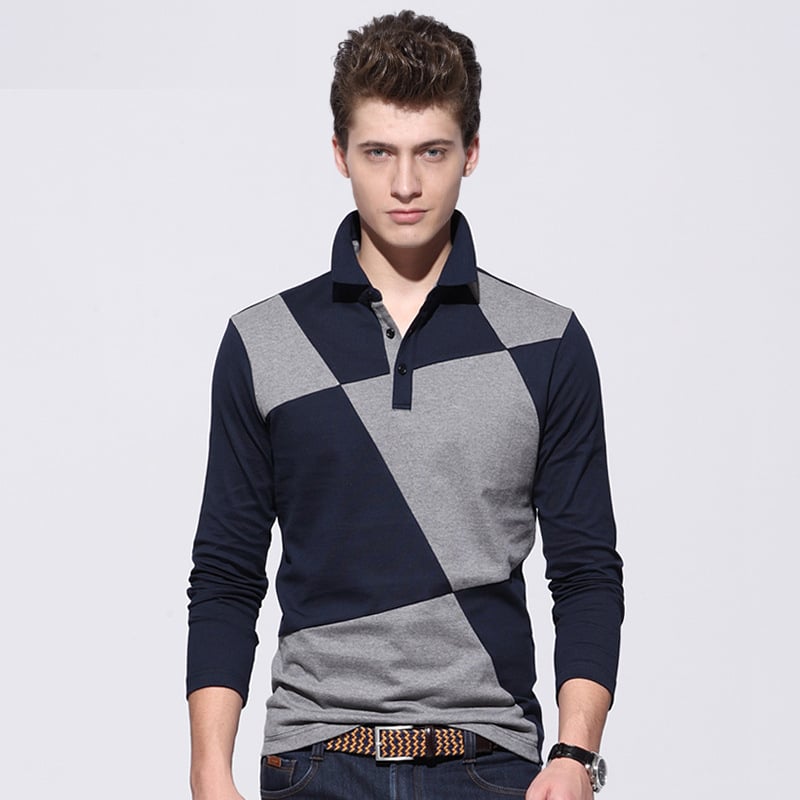 Muška polo majica s dugim rukavima, 100% pamuk, dizajn color-block, patchwork šivanje