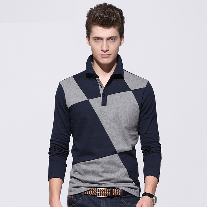 Muška polo majica s dugim rukavima, 100% pamuk, dizajn color-block, patchwork šivanje