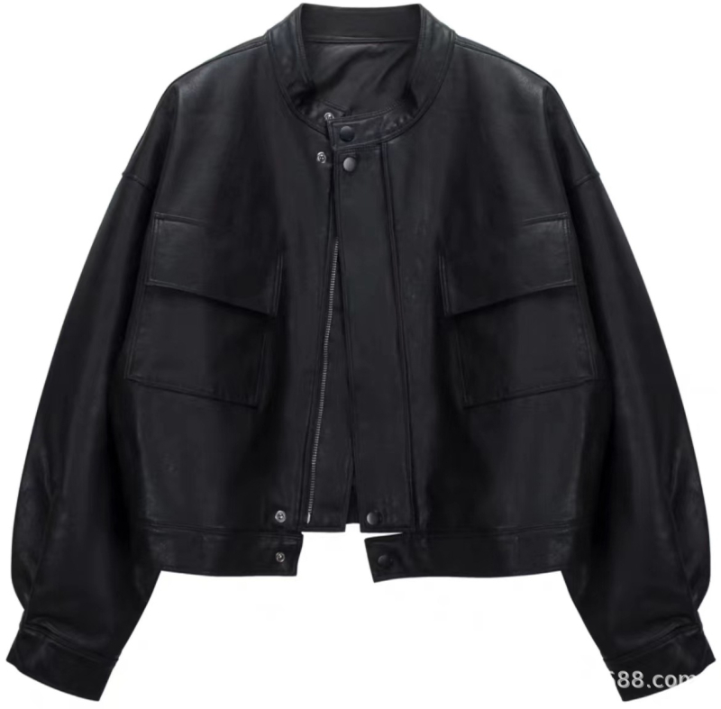 Ženska PU kožna jakna, stojeći ovratnik, raglan rukavi, širok kroj, jesen 2025