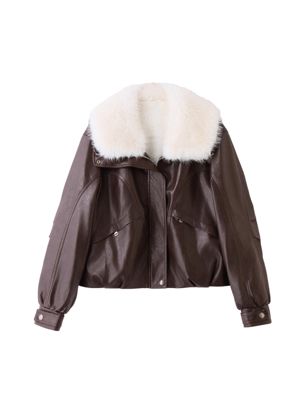 Ženska kožna jakna kratkog kroja, ovratnik tip lapel, zatvarač, fleece podstava, ovratnik od mývalove kože