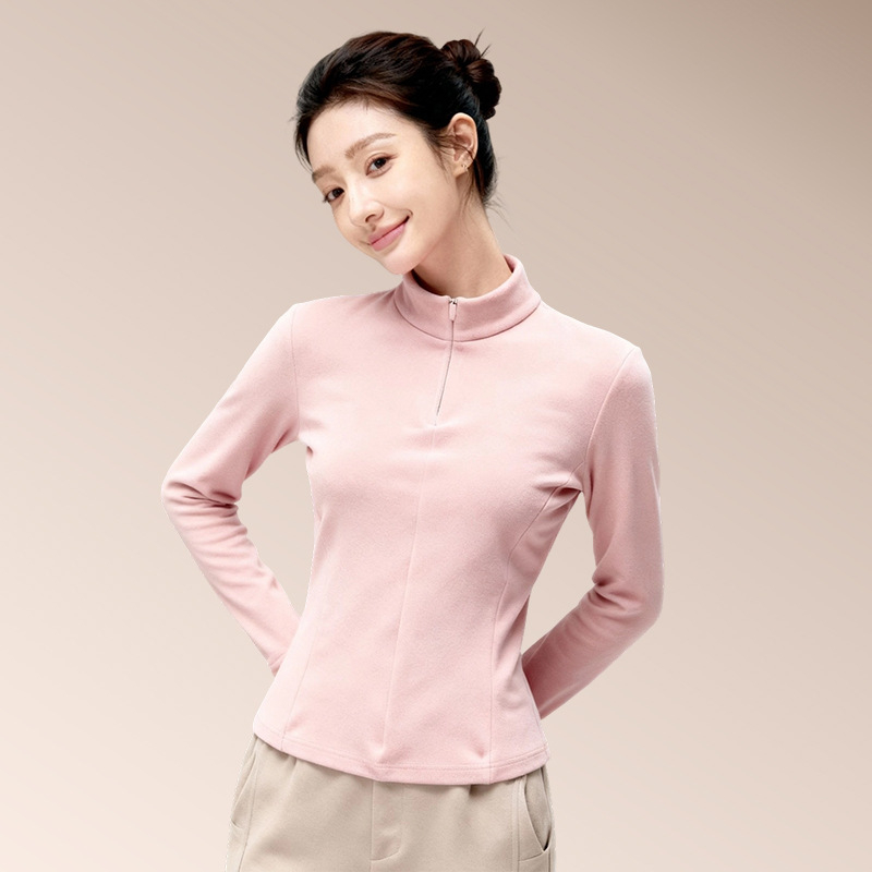 Ženska majica T-shirt s dvostrukim termalnim baršunom, zatvaračem, polu visokim ovratnikom, dugim rukavima, uskim krojem