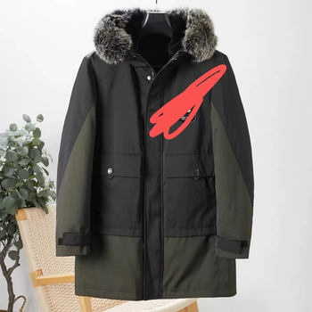 Muški krzneni parka kaput s odvojivom podstavom od zeca krzna i vanjskom lisicom krznom, stojeći ovratnik, zatvarač, straight kroj, srednja dužina