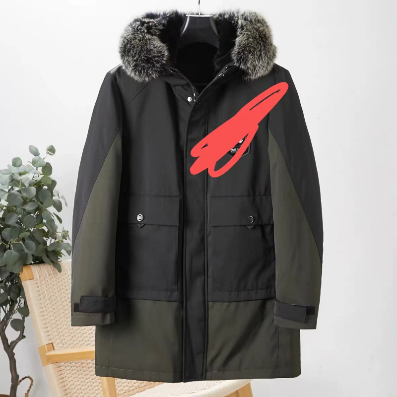 Muški krzneni parka kaput s odvojivom podstavom od zeca krzna i vanjskom lisicom krznom, stojeći ovratnik, zatvarač, straight kroj, srednja dužina