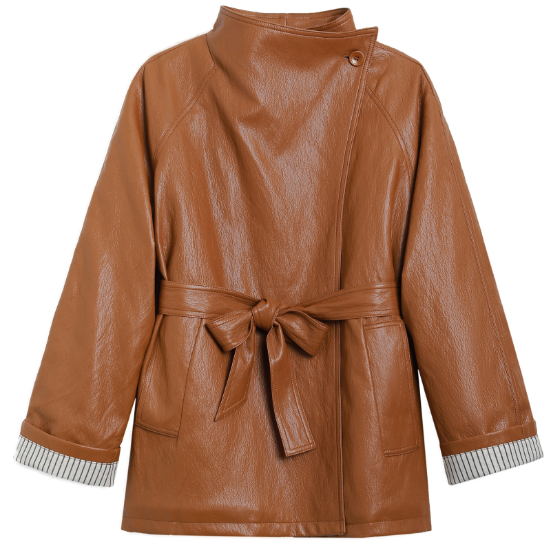 Ženska kožna jakna od ovčje kože sa fleece podstavom, srednja duljina, ovratnik s reverom, zatvarač, retro stil