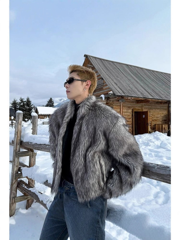 Muški kaput od umjetnog krzna, slobodan kroj, stojeći ovratnik, jednostruko kopčanje, korejski stil