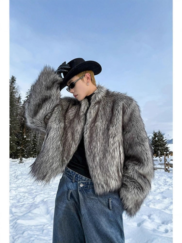 Muški kaput od umjetnog krzna, slobodan kroj, stojeći ovratnik, jednostruko kopčanje, korejski stil