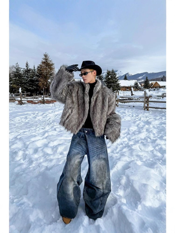 Muški kaput od umjetnog krzna, slobodan kroj, stojeći ovratnik, jednostruko kopčanje, korejski stil