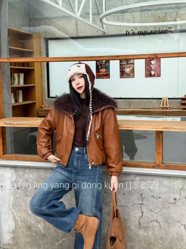 Jakna od umjetne kože s krznenim ovratnikom, korejski stil, jesen 2025