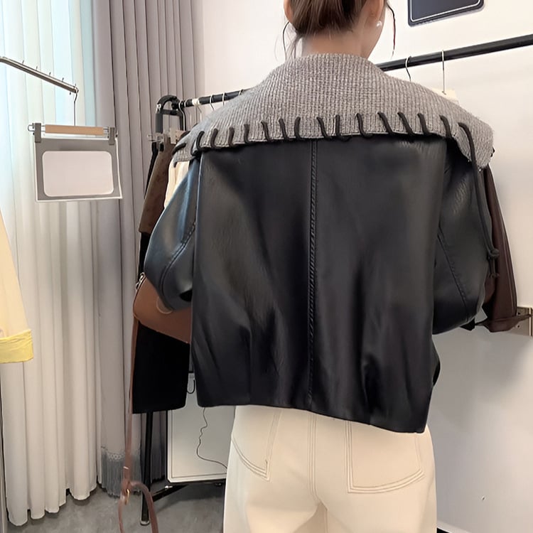 Ženska PU kožna jakna - kratki kroj, rever, biker retro stil, jesen 2025