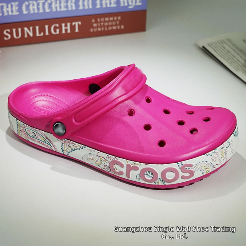 Sandale cu model pictat, partea superioară și talpa din EVA, Baotou toe, toc de 2 cm, închidere cu cataramă – stil plajă pentru toate anotimpurile