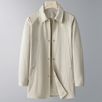 Palton lung pentru bărbați, guler rever, fermoar, curea, primăvară–toamnă, țesătură din amestec acetat, căptușeală poliester