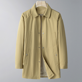 Palton lung pentru bărbați, guler rever, fermoar, curea, primăvară–toamnă, țesătură din amestec acetat, căptușeală poliester