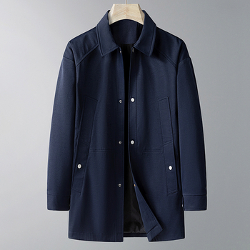 Palton lung pentru bărbați, guler rever, fermoar, curea, primăvară–toamnă, țesătură din amestec acetat, căptușeală poliester