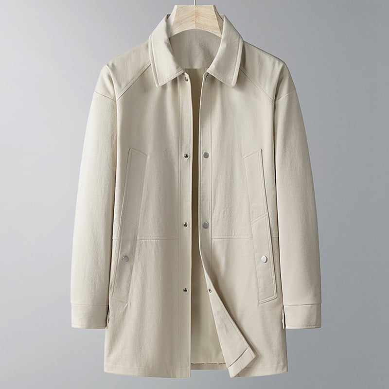Palton lung pentru bărbați, guler rever, fermoar, curea, primăvară–toamnă, țesătură din amestec acetat, căptușeală poliester