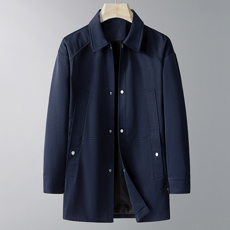 Palton lung pentru bărbați, guler rever, fermoar, curea, primăvară–toamnă, țesătură din amestec acetat, căptușeală poliester