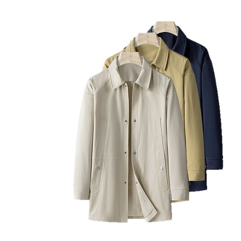 Palton lung pentru bărbați, guler rever, fermoar, curea, primăvară–toamnă, țesătură din amestec acetat, căptușeală poliester