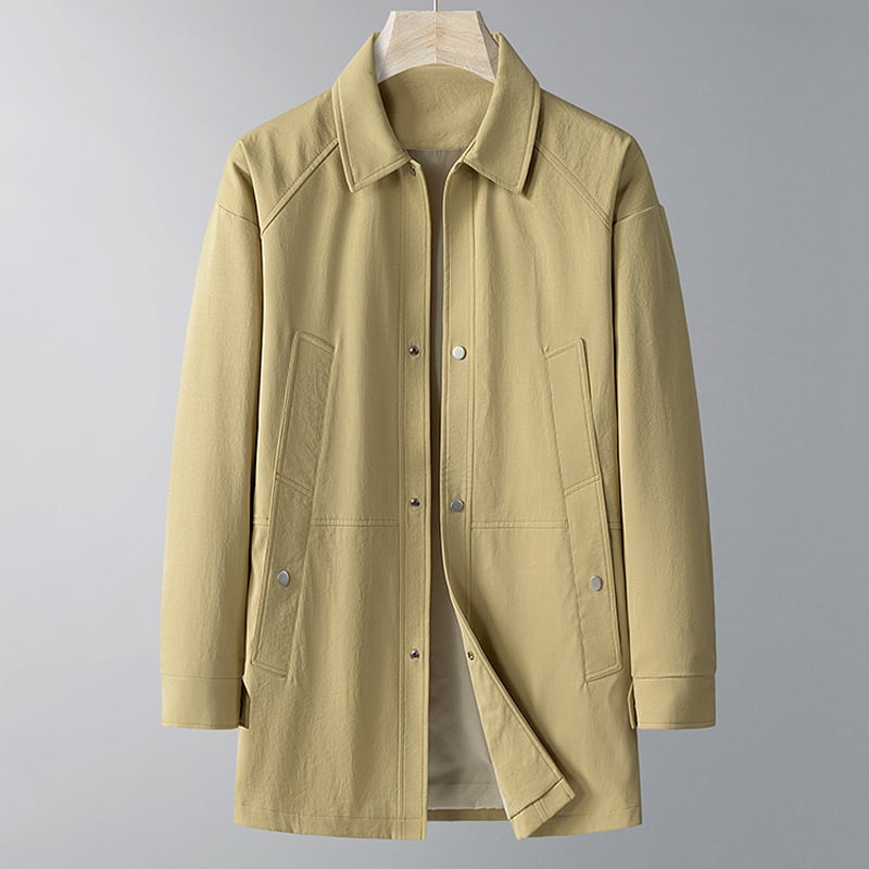 Palton lung pentru bărbați, guler rever, fermoar, curea, primăvară–toamnă, țesătură din amestec acetat, căptușeală poliester