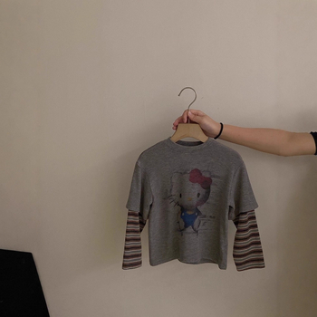 Dječja majica s dugačkim rukavom za djevojčice, jesen-zima, prints karikature, lažni dvodijelni izgled, debela i topla; 95% poliester, okrugli izrez, bez kapulje, nježno obrađeno.