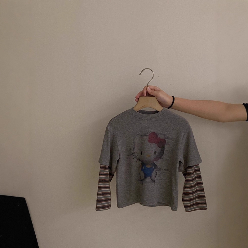 Dječja majica s dugačkim rukavom za djevojčice, jesen-zima, prints karikature, lažni dvodijelni izgled, debela i topla; 95% poliester, okrugli izrez, bez kapulje, nježno obrađeno.