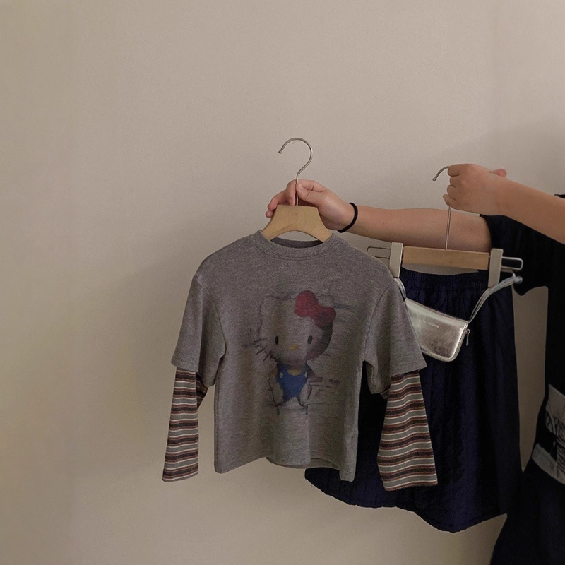 Dječja majica s dugačkim rukavom za djevojčice, jesen-zima, prints karikature, lažni dvodijelni izgled, debela i topla; 95% poliester, okrugli izrez, bez kapulje, nježno obrađeno.