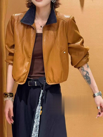 Ženska kratka prešivena umjetna koža jakna sa zipom i ovratnikom tipa lapel – normalan kroj, dugi rukavi, PU materijal, jesen 2025