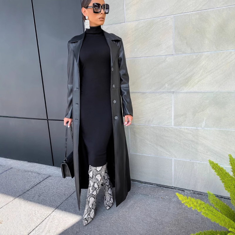 Ženska duga PU kožna jakna s ovratnikom, zatvara se kopčama, slobodan kroj