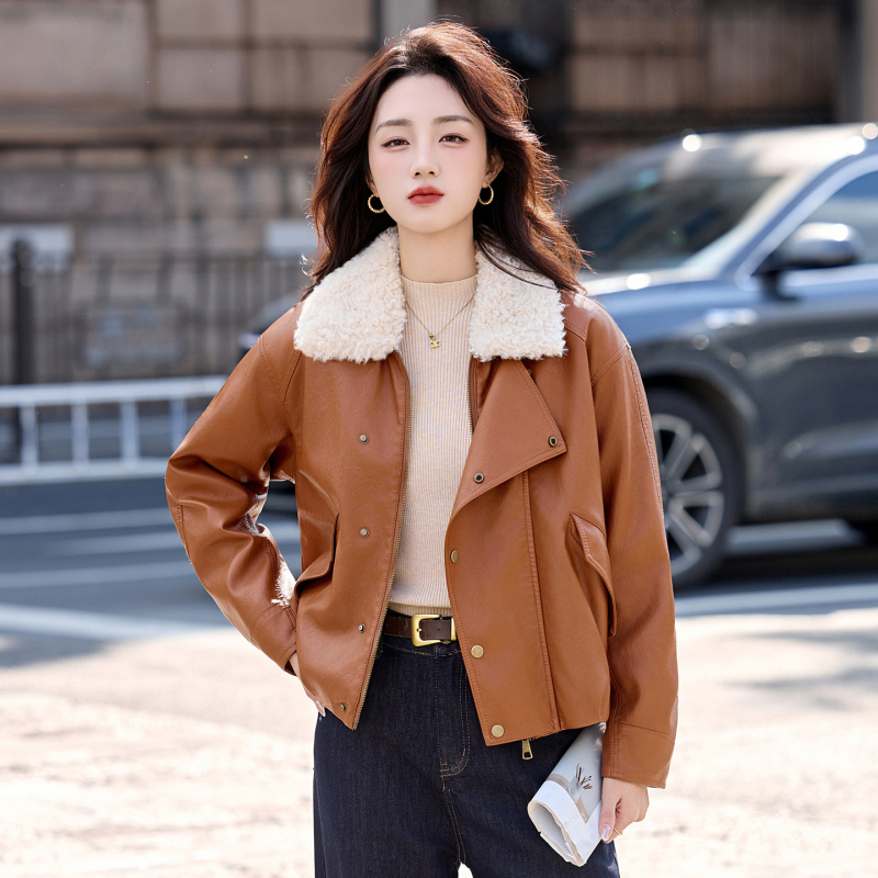Kožna jakna od kozje kože se kragnom od janjeće vune — kratki kroj, japansko-korejski casual stil, zatvarač, slobodan kroj