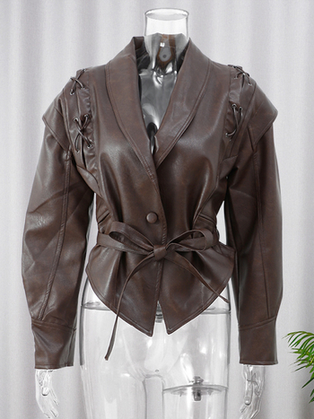 PU kožna jakna s prednjom šnuralom, slim kroj, V-izrez, moto street stil