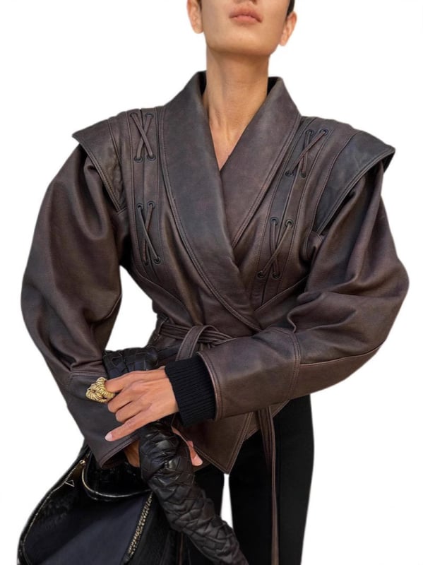 PU kožna jakna s prednjom šnuralom, slim kroj, V-izrez, moto street stil