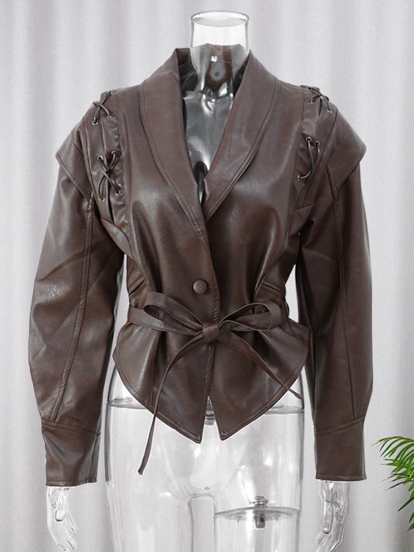 PU kožna jakna s prednjom šnuralom, slim kroj, V-izrez, moto street stil