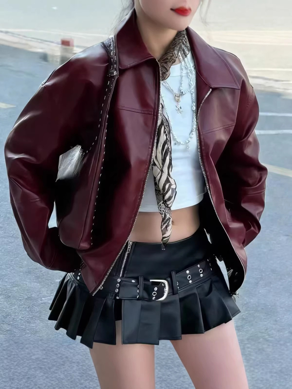 Ženska kožna moto jakna - Prosječna duljina, Dugi rukavi, Turn-down ovratnik, Zip zatvarač, Koža, Street stil