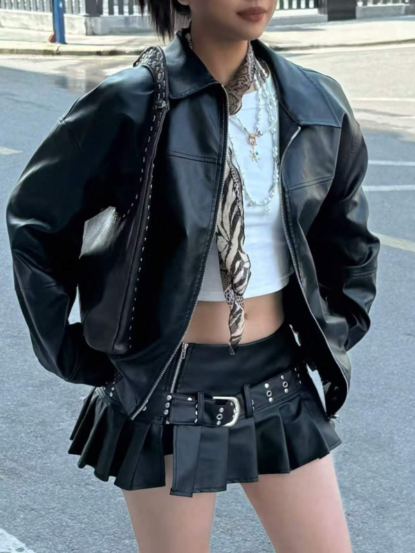 Ženska kožna moto jakna - Prosječna duljina, Dugi rukavi, Turn-down ovratnik, Zip zatvarač, Koža, Street stil