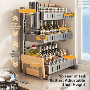 Konyhai fűszertároló állvány, 201 rozsdamentes acél, szerelés nélkül, többszintes pulton