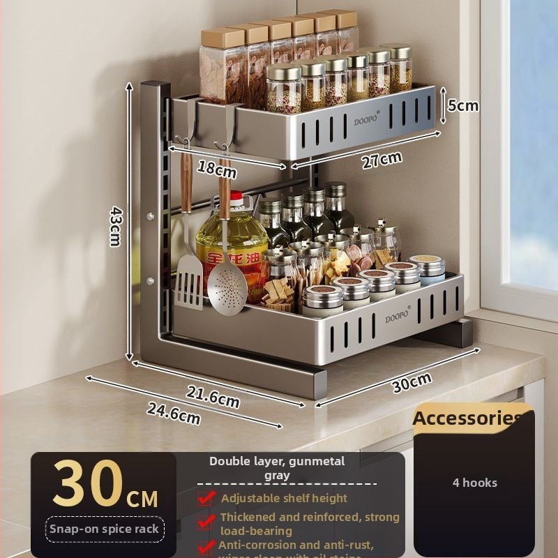 Konyhai fűszertároló állvány, 201 rozsdamentes acél, szerelés nélkül, többszintes pulton