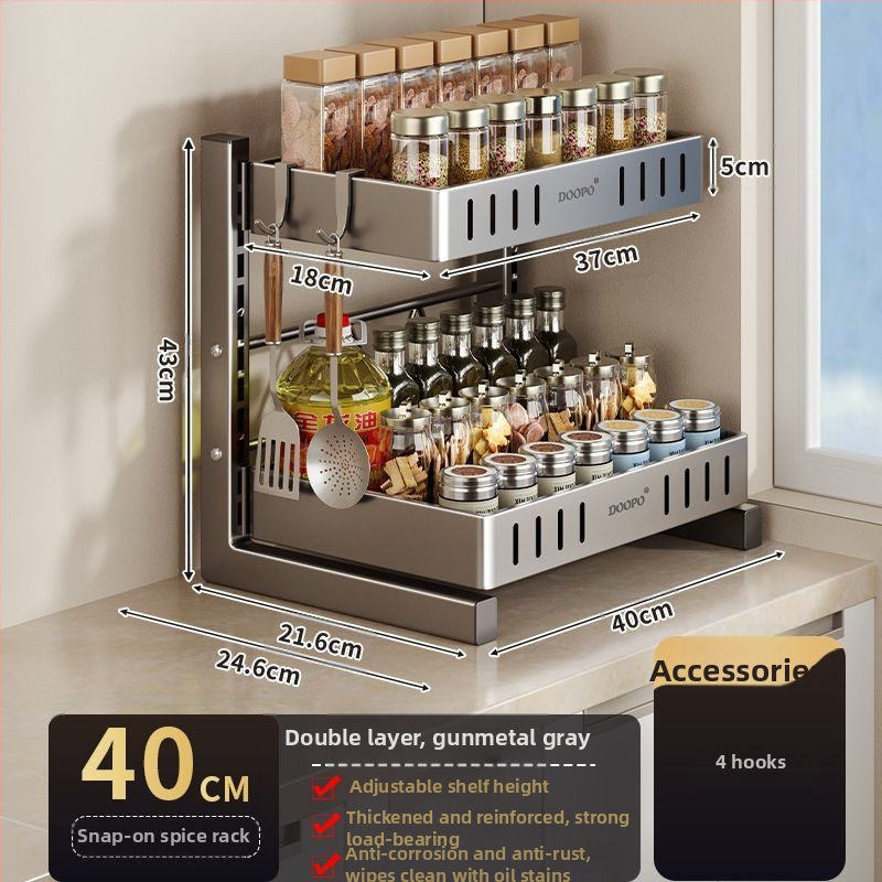 Konyhai fűszertároló állvány, 201 rozsdamentes acél, szerelés nélkül, többszintes pulton