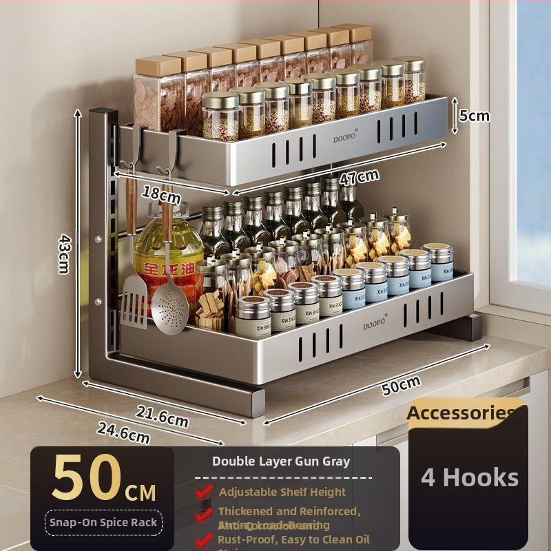 Konyhai fűszertároló állvány, 201 rozsdamentes acél, szerelés nélkül, többszintes pulton