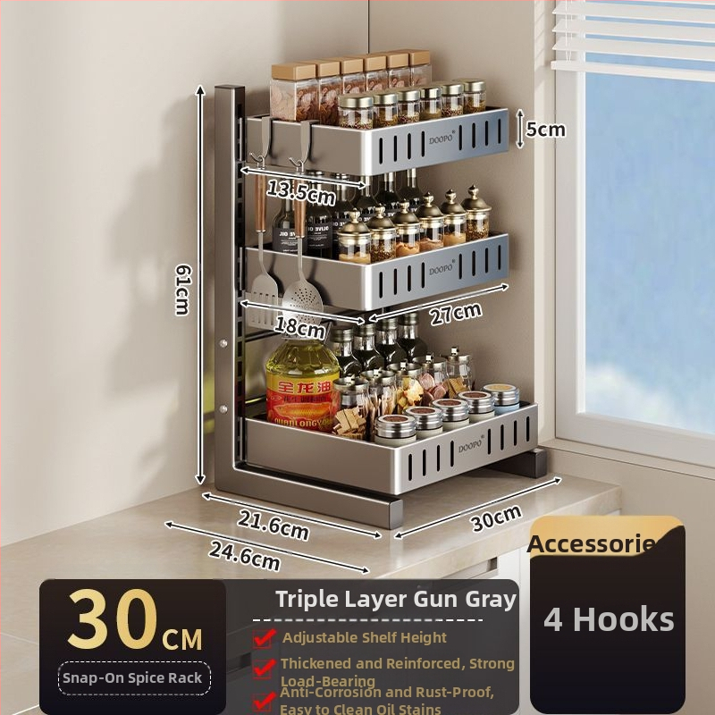 Konyhai fűszertároló állvány, 201 rozsdamentes acél, szerelés nélkül, többszintes pulton