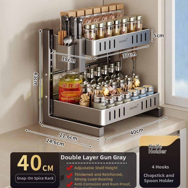 Konyhai fűszertároló állvány, 201 rozsdamentes acél, szerelés nélkül, többszintes pulton