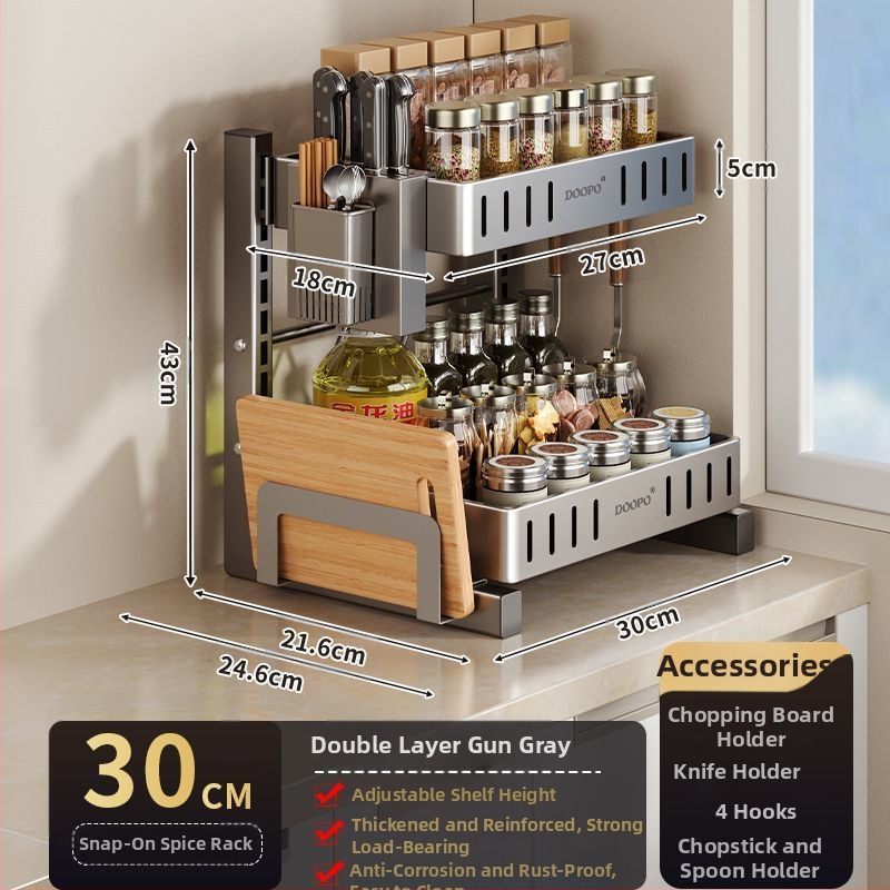 Konyhai fűszertároló állvány, 201 rozsdamentes acél, szerelés nélkül, többszintes pulton