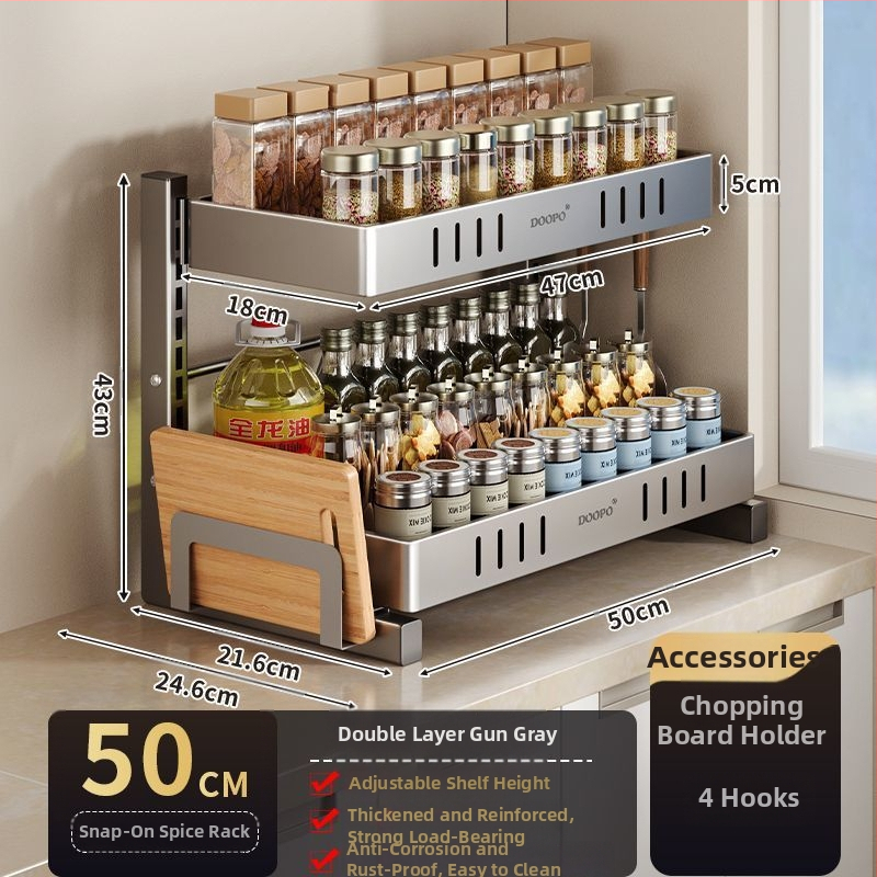 Konyhai fűszertároló állvány, 201 rozsdamentes acél, szerelés nélkül, többszintes pulton