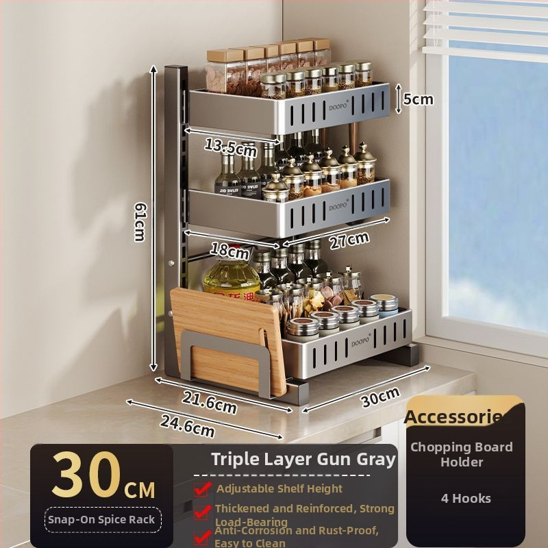 Konyhai fűszertároló állvány, 201 rozsdamentes acél, szerelés nélkül, többszintes pulton