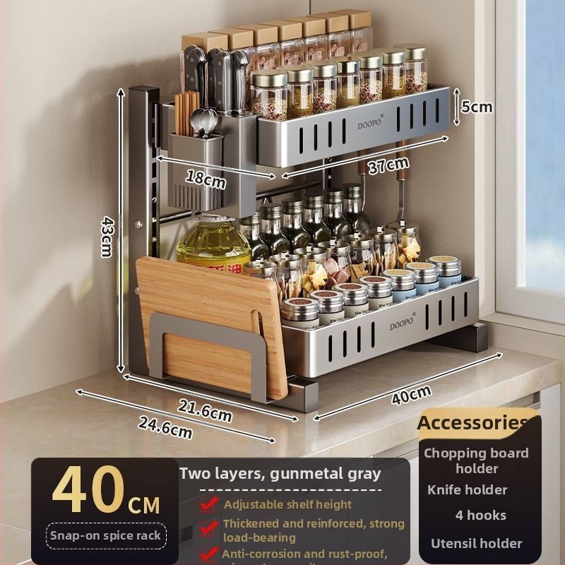 Konyhai fűszertároló állvány, 201 rozsdamentes acél, szerelés nélkül, többszintes pulton