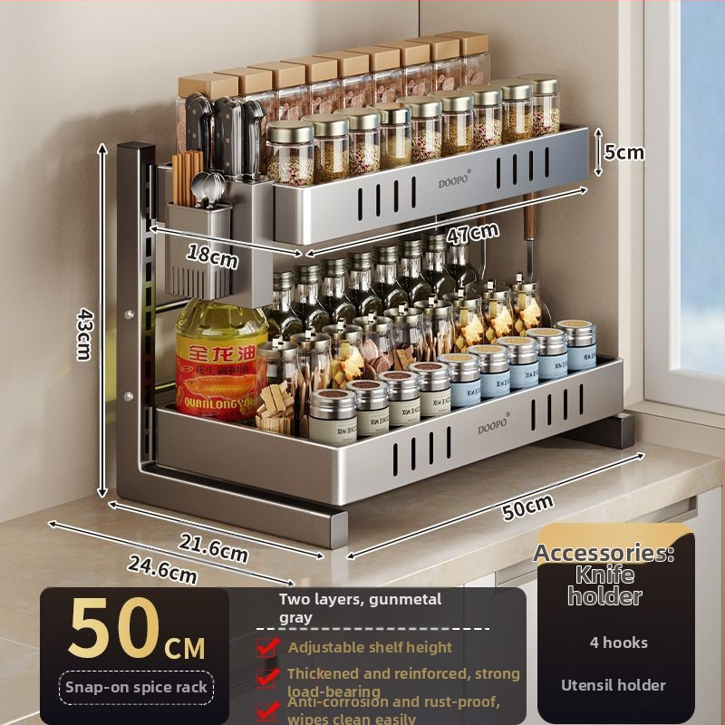 Konyhai fűszertároló állvány, 201 rozsdamentes acél, szerelés nélkül, többszintes pulton