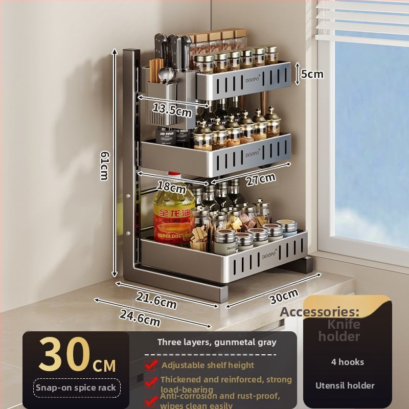 Konyhai fűszertároló állvány, 201 rozsdamentes acél, szerelés nélkül, többszintes pulton