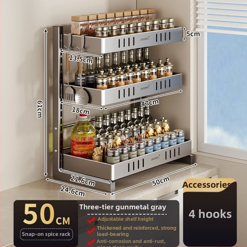 Konyhai fűszertároló állvány, 201 rozsdamentes acél, szerelés nélkül, többszintes pulton