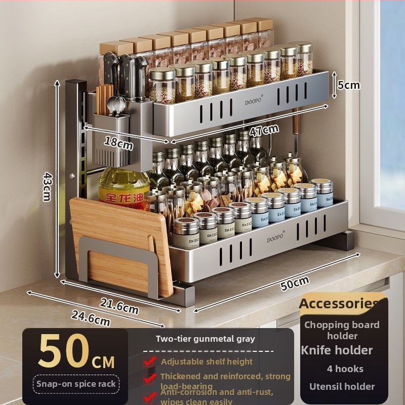Konyhai fűszertároló állvány, 201 rozsdamentes acél, szerelés nélkül, többszintes pulton