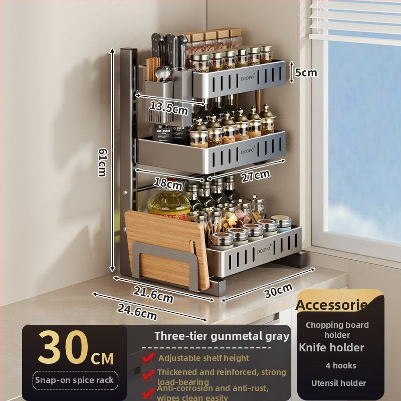 Konyhai fűszertároló állvány, 201 rozsdamentes acél, szerelés nélkül, többszintes pulton