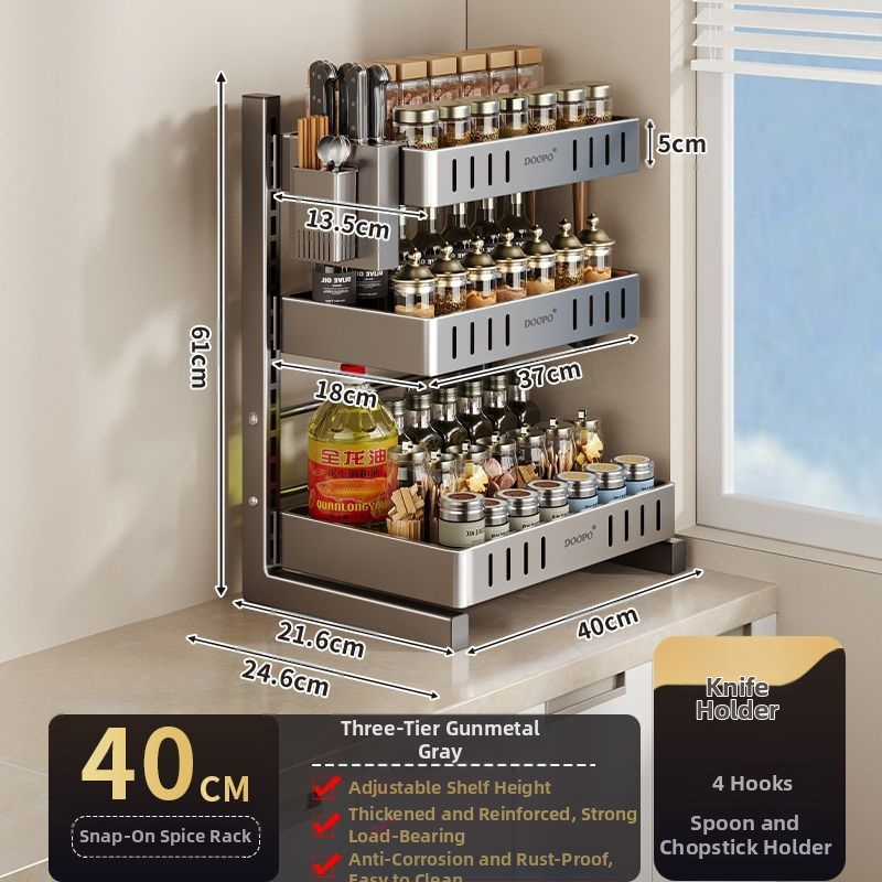 Konyhai fűszertároló állvány, 201 rozsdamentes acél, szerelés nélkül, többszintes pulton